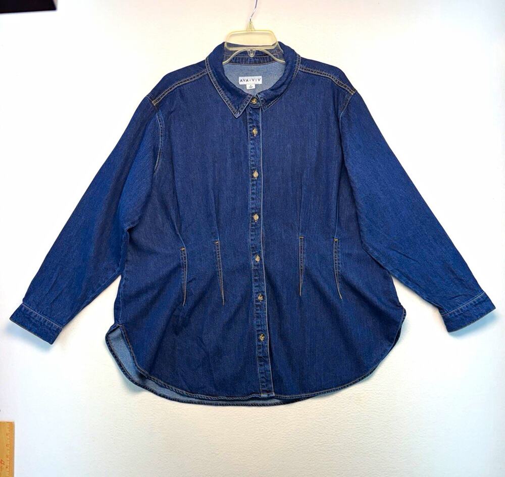 AVA & VIV Women Denim Button Up Collared Long Sleeve Shirt 1X classic momcore